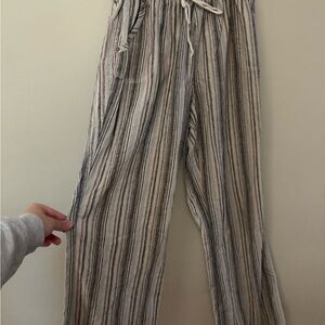 Striped Wide-Leg Drawstring Pants - Cream/Gray
